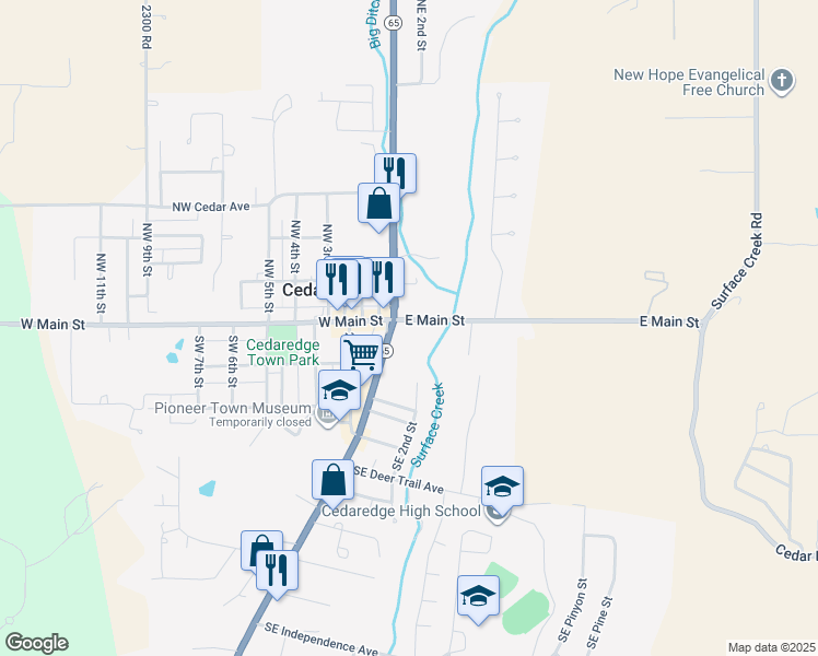 map of restaurants, bars, coffee shops, grocery stores, and more near 135 North Grand Mesa Drive in Cedaredge