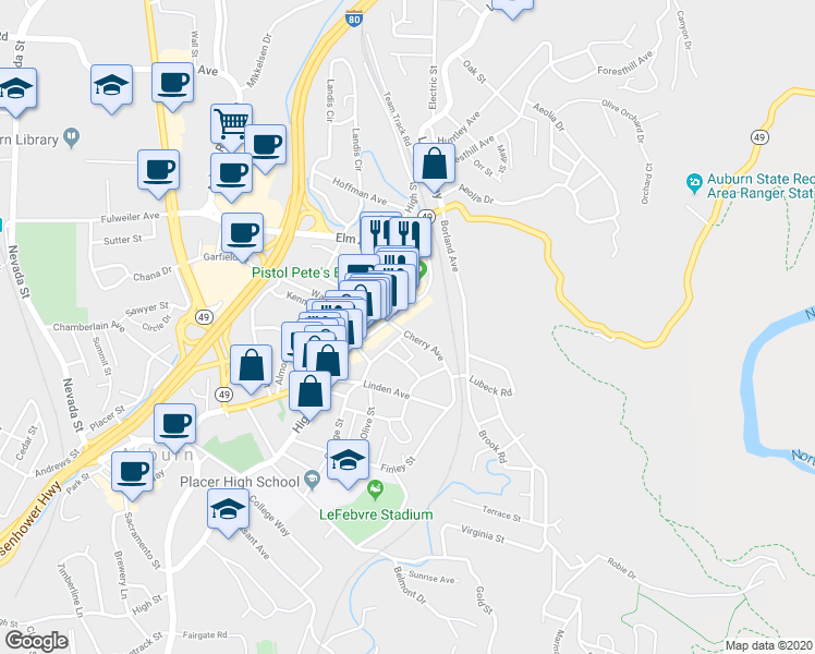 map of restaurants, bars, coffee shops, grocery stores, and more near 729 Lincoln Way in Auburn