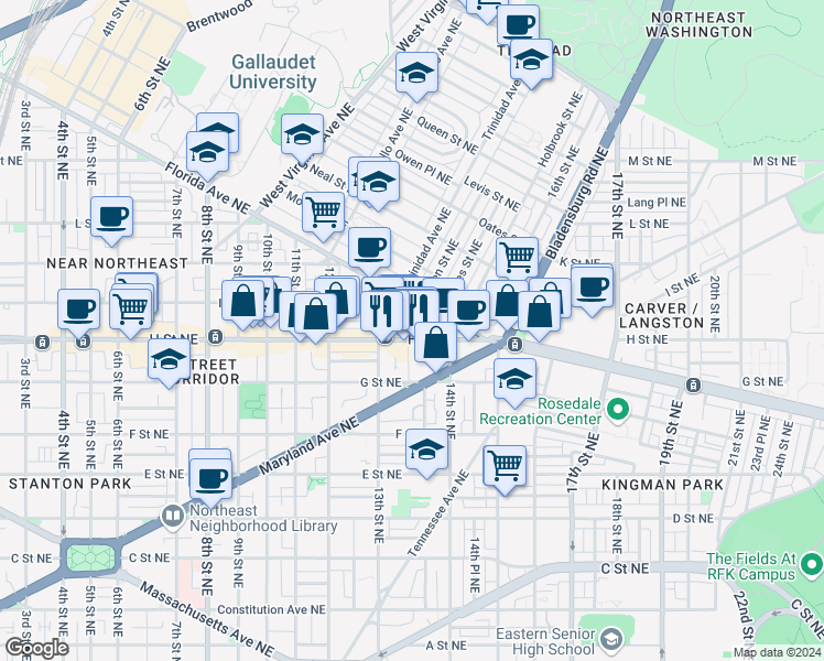map of restaurants, bars, coffee shops, grocery stores, and more near 101 Independence Avenue Southeast in Washington