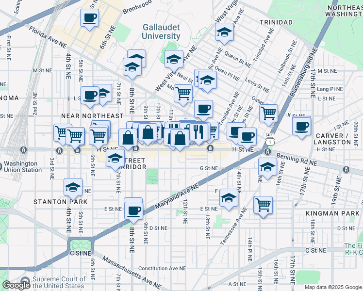 map of restaurants, bars, coffee shops, grocery stores, and more near 101 Independence Avenue Southeast in Washington
