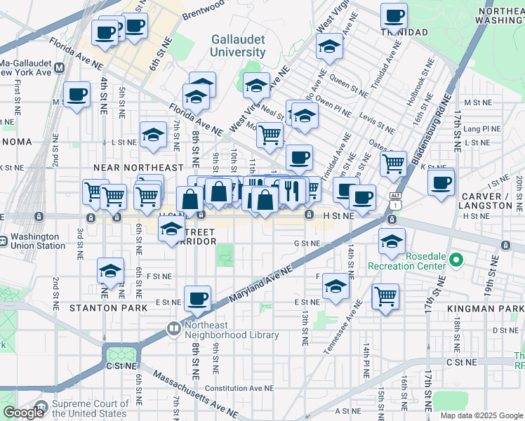 map of restaurants, bars, coffee shops, grocery stores, and more near 101 Independence Avenue Southeast in Washington