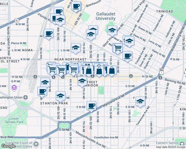 map of restaurants, bars, coffee shops, grocery stores, and more near 101 Independence Avenue Southeast in Washington