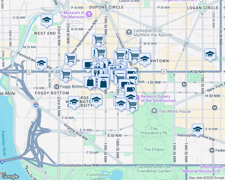 map of restaurants, bars, coffee shops, grocery stores, and more near 101 Independence Avenue Southeast in Washington