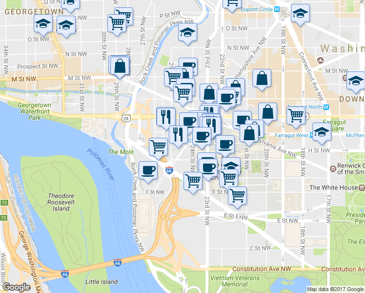 map of restaurants, bars, coffee shops, grocery stores, and more near 101 Independence Avenue Southeast in Washington