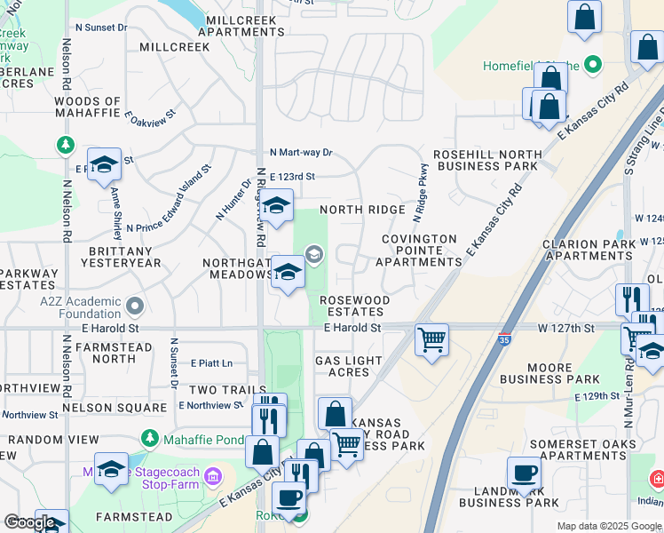 map of restaurants, bars, coffee shops, grocery stores, and more near 1419 East Mart-Way Circle in Olathe