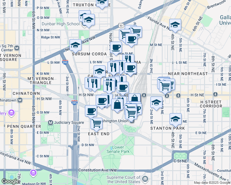map of restaurants, bars, coffee shops, grocery stores, and more near 801 North Capitol Street Northeast in Washington