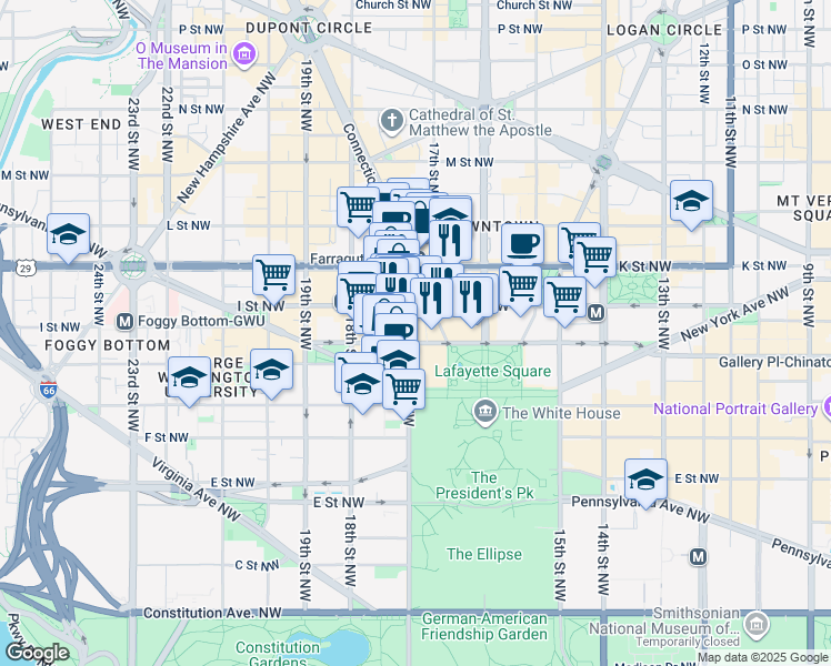 map of restaurants, bars, coffee shops, grocery stores, and more near 801 17th Street Northwest in Washington