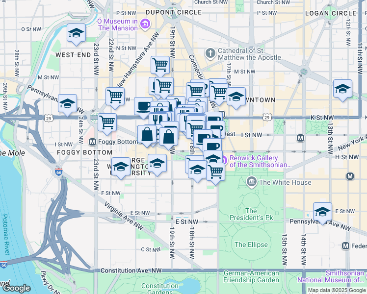 map of restaurants, bars, coffee shops, grocery stores, and more near 1875 Pennsylvania Avenue Northwest in Washington