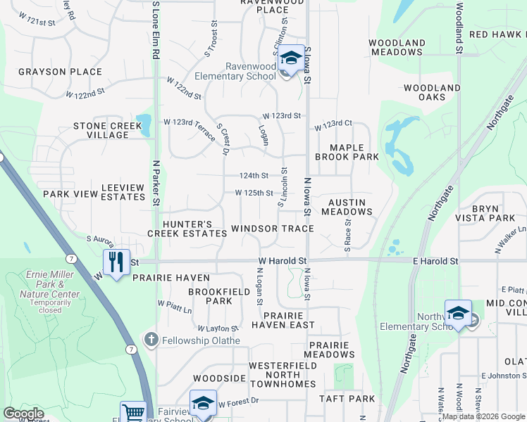 map of restaurants, bars, coffee shops, grocery stores, and more near 12520 Logan in Olathe