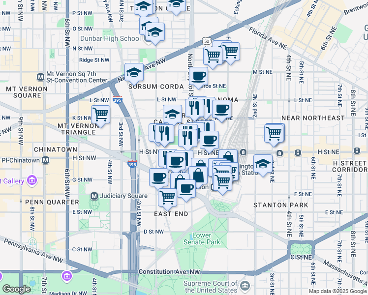 map of restaurants, bars, coffee shops, grocery stores, and more near 800 North Capitol Street Northwest in Washington