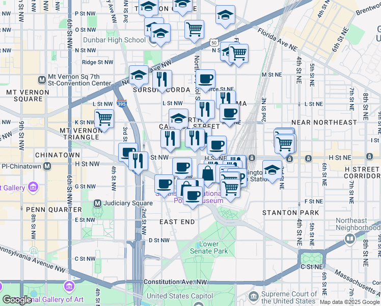 map of restaurants, bars, coffee shops, grocery stores, and more near 800 North Capitol Street Northwest in Washington