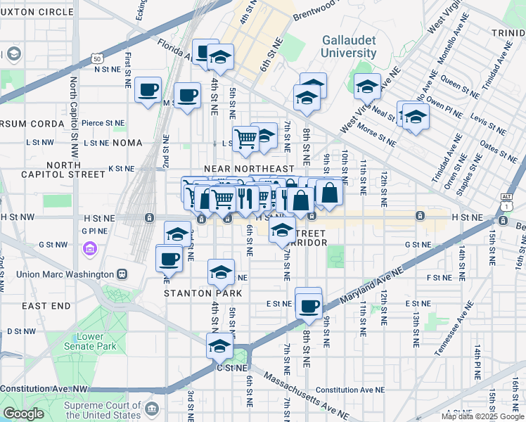map of restaurants, bars, coffee shops, grocery stores, and more near 600 H Street Northeast in Washington