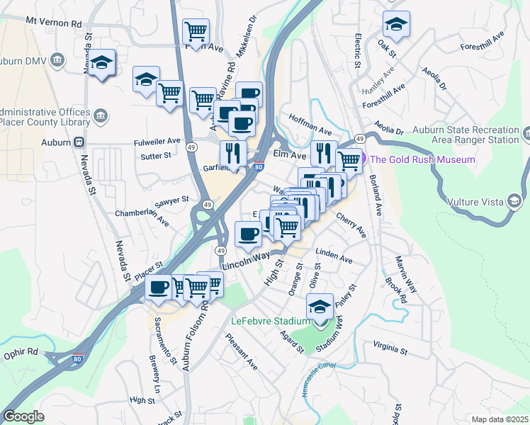 map of restaurants, bars, coffee shops, grocery stores, and more near 153 Kenmass Avenue in Auburn