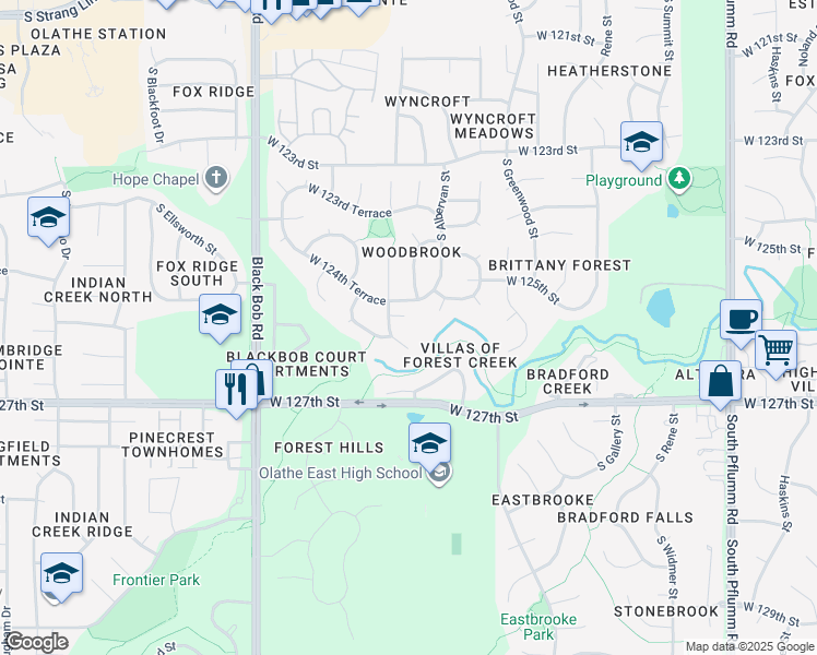 map of restaurants, bars, coffee shops, grocery stores, and more near 12489 South Acuff Court in Olathe