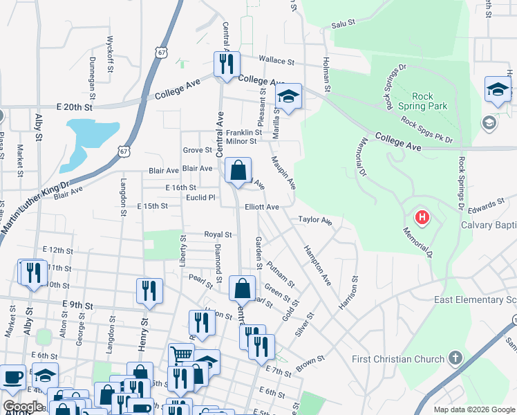 map of restaurants, bars, coffee shops, grocery stores, and more near 1399 Garden Street in Alton