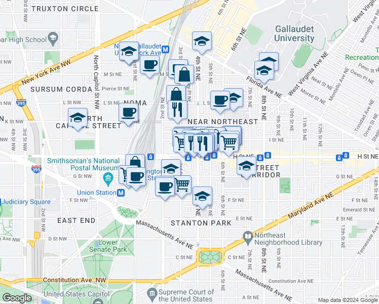 map of restaurants, bars, coffee shops, grocery stores, and more near 300 H Street Northeast in Washington