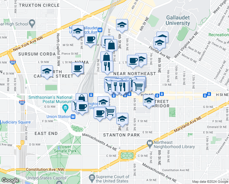 map of restaurants, bars, coffee shops, grocery stores, and more near 360 H Street Northeast in Washington