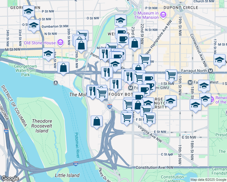 map of restaurants, bars, coffee shops, grocery stores, and more near 2420 I Street Northwest in Washington