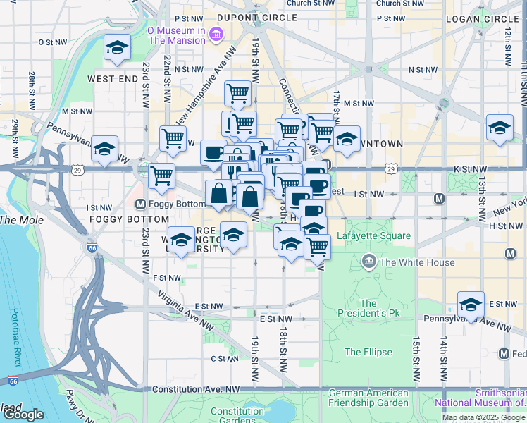 map of restaurants, bars, coffee shops, grocery stores, and more near 1899 Pennsylvania Avenue Northwest in Washington