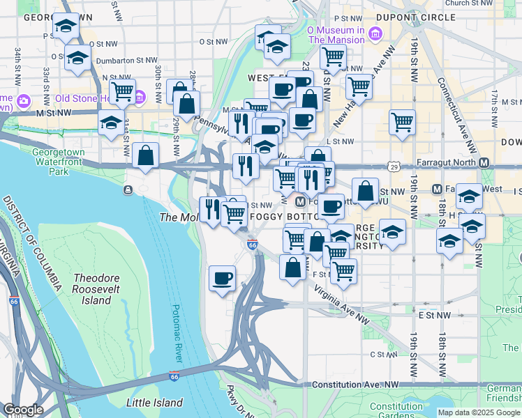 map of restaurants, bars, coffee shops, grocery stores, and more near 2420 I Street Northwest in Washington