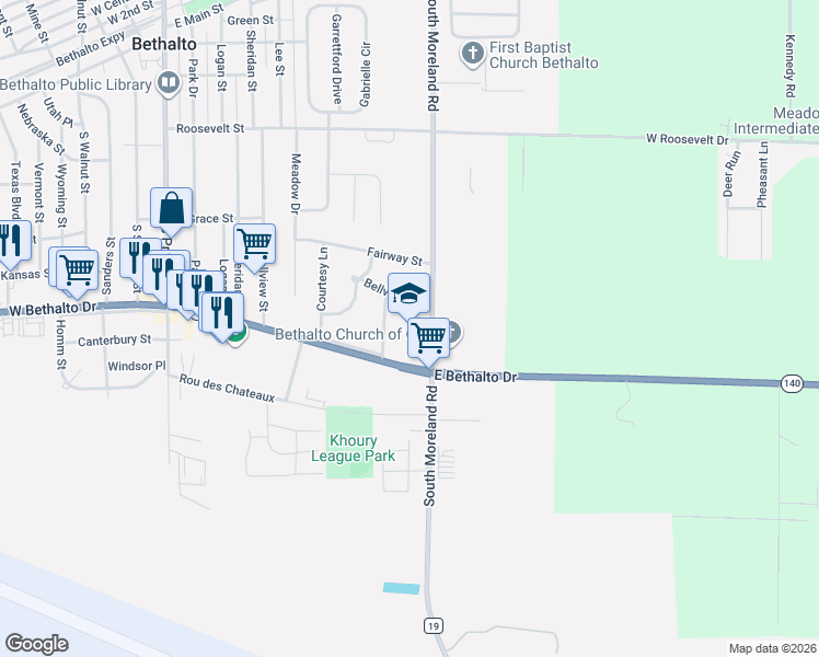 map of restaurants, bars, coffee shops, grocery stores, and more near 601-625 Church Drive in Bethalto