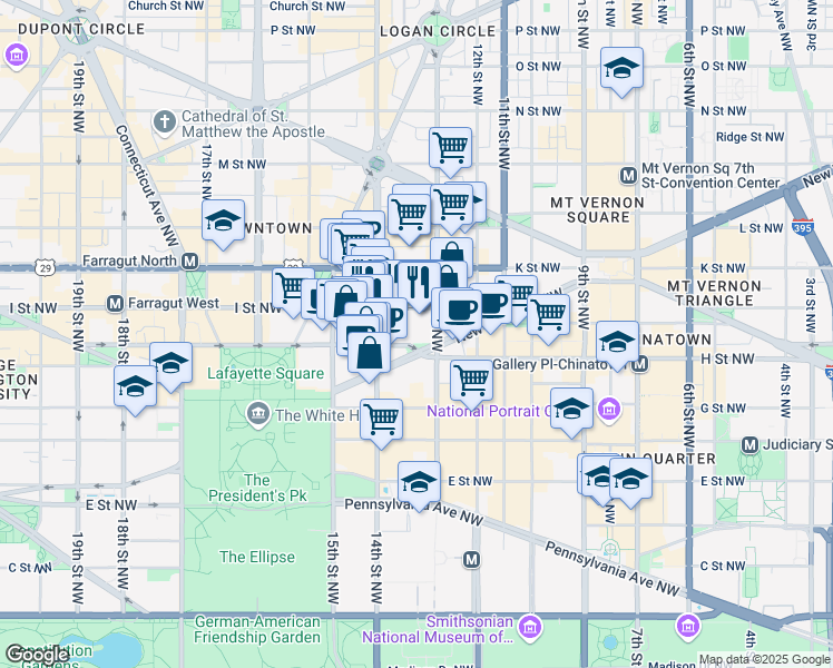 map of restaurants, bars, coffee shops, grocery stores, and more near 1307 New York Avenue Northwest in Washington