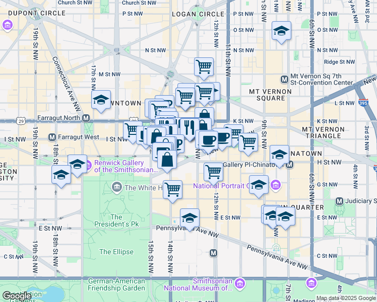 map of restaurants, bars, coffee shops, grocery stores, and more near 1307 New York Avenue Northwest in Washington
