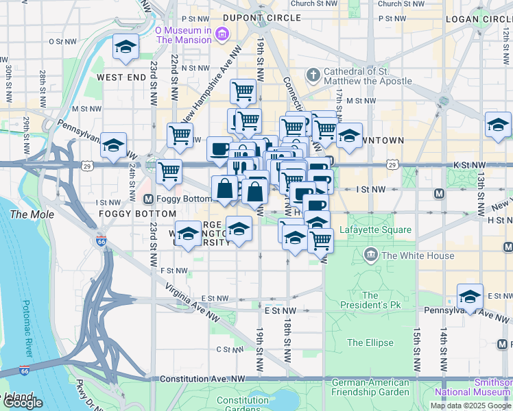 map of restaurants, bars, coffee shops, grocery stores, and more near 1901 Pennsylvania Avenue Northwest in Washington