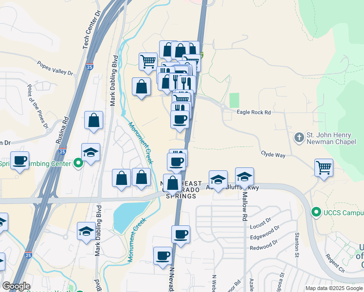map of restaurants, bars, coffee shops, grocery stores, and more near 280 Shadow Ridge Grove in Colorado Springs
