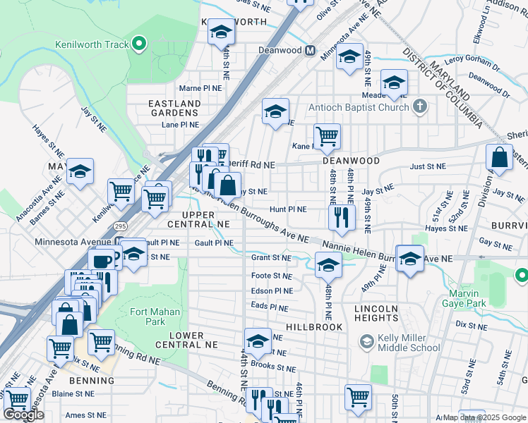 map of restaurants, bars, coffee shops, grocery stores, and more near 4417 Hunt Place Northeast in Washington