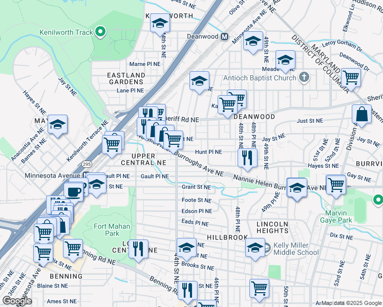 map of restaurants, bars, coffee shops, grocery stores, and more near 4417 Hunt Place Northeast in Washington
