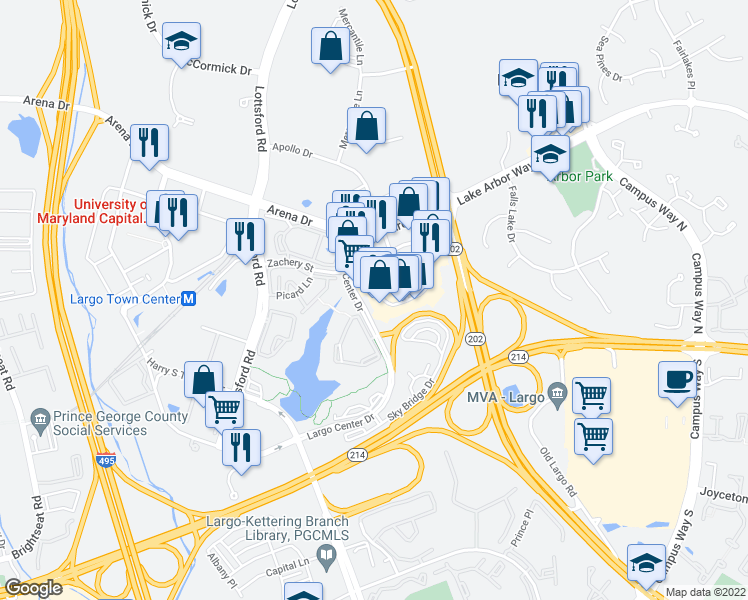 map of restaurants, bars, coffee shops, grocery stores, and more near 832 Largo Center Drive in Upper Marlboro