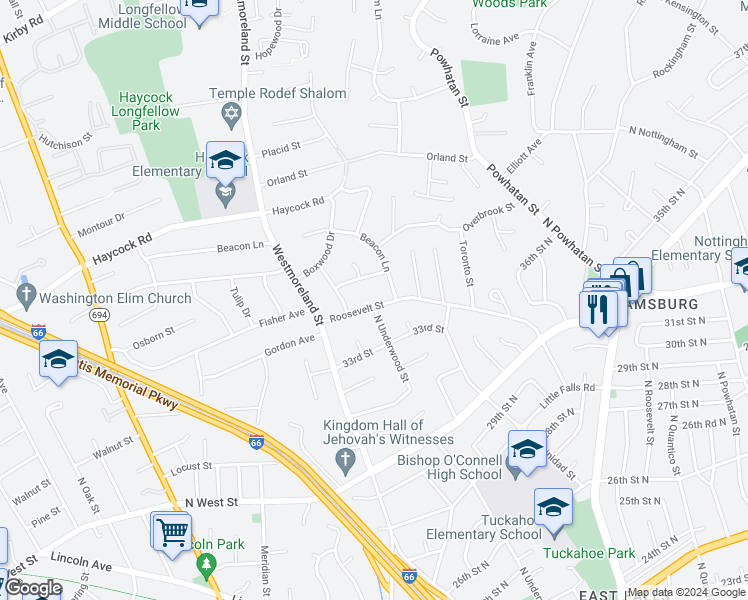 map of restaurants, bars, coffee shops, grocery stores, and more near 6512 Roosevelt Street in Falls Church