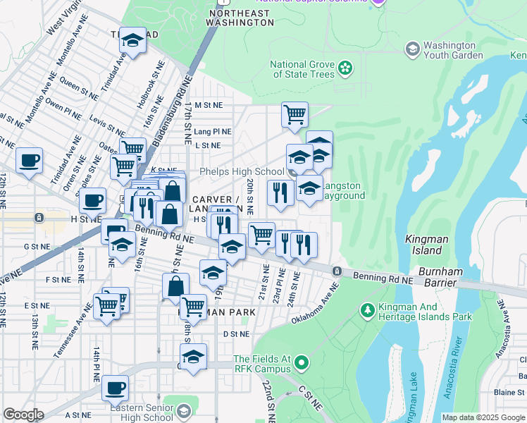 map of restaurants, bars, coffee shops, grocery stores, and more near 810 21st Street Northeast in Washington