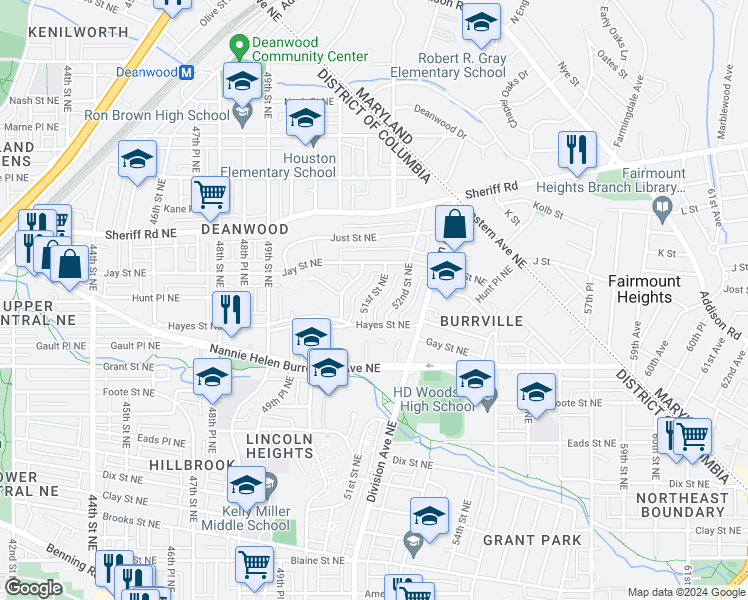map of restaurants, bars, coffee shops, grocery stores, and more near 819 51st Street Northeast in Washington