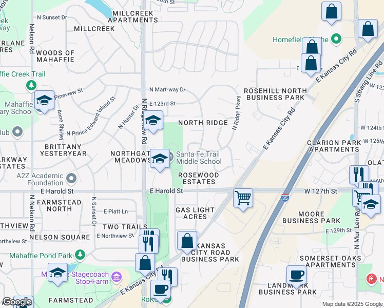 map of restaurants, bars, coffee shops, grocery stores, and more near 1424 North Mart-Way Circle in Olathe