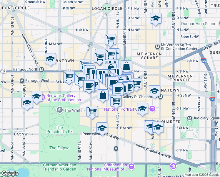 map of restaurants, bars, coffee shops, grocery stores, and more near 101 Independence Avenue Southeast in Washington