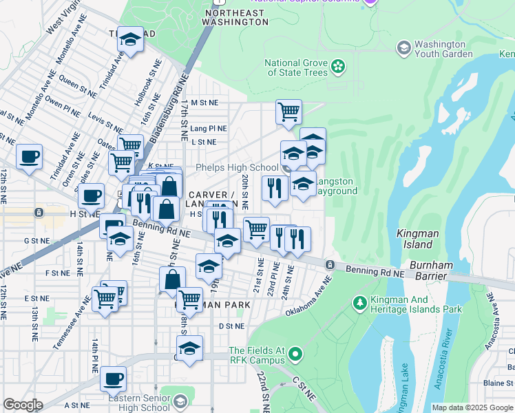 map of restaurants, bars, coffee shops, grocery stores, and more near 810 21st Street Northeast in Washington