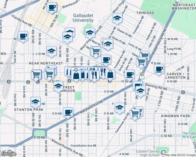 map of restaurants, bars, coffee shops, grocery stores, and more near 813 12th Street Northeast in Washington