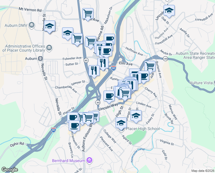 map of restaurants, bars, coffee shops, grocery stores, and more near 181 Kenmass Avenue in Auburn