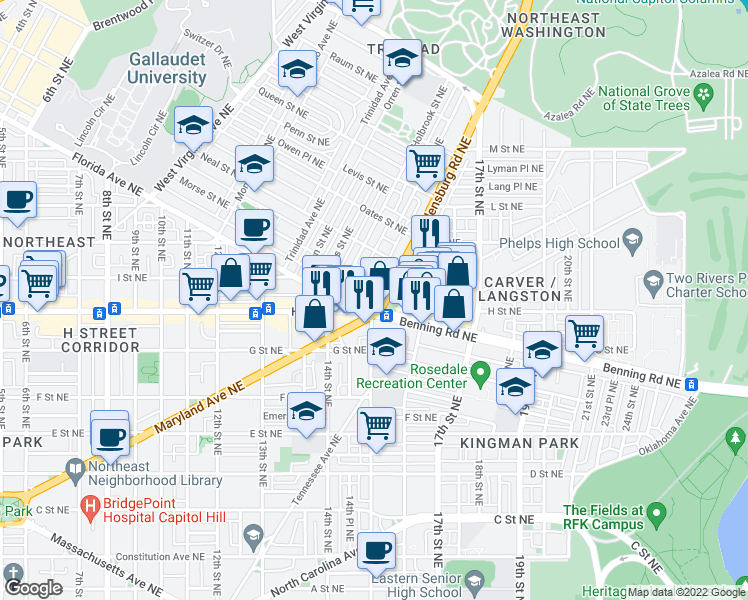 map of restaurants, bars, coffee shops, grocery stores, and more near 808 Bladensburg Road Northeast in Washington, D.C.