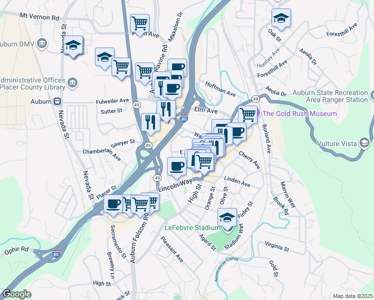 map of restaurants, bars, coffee shops, grocery stores, and more near 181 Kenmass Avenue in Auburn