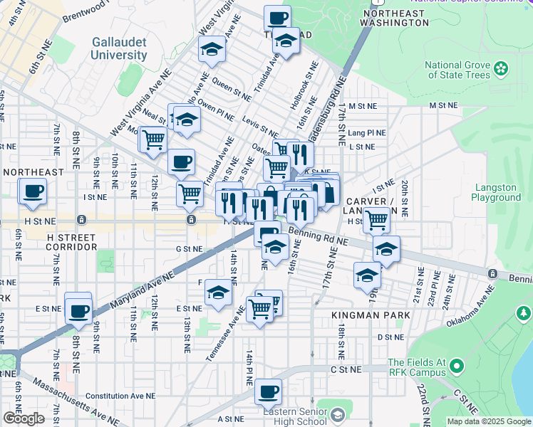 map of restaurants, bars, coffee shops, grocery stores, and more near 101 Independence Avenue Southeast in Washington