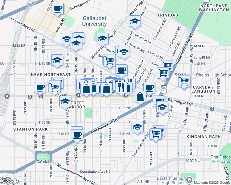 map of restaurants, bars, coffee shops, grocery stores, and more near 101 Independence Avenue Southeast in Washington