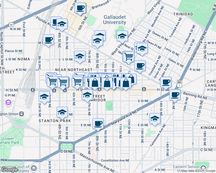 map of restaurants, bars, coffee shops, grocery stores, and more near 101 Independence Avenue Southeast in Washington