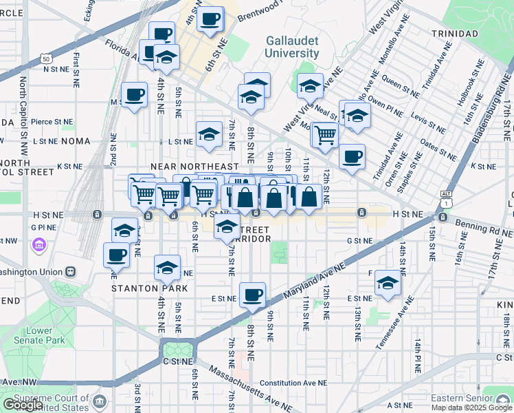 map of restaurants, bars, coffee shops, grocery stores, and more near 101 Independence Avenue Southeast in Washington