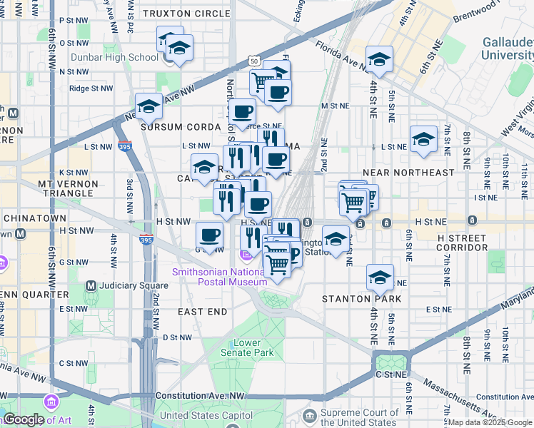 map of restaurants, bars, coffee shops, grocery stores, and more near 101 Independence Avenue Southeast in Washington