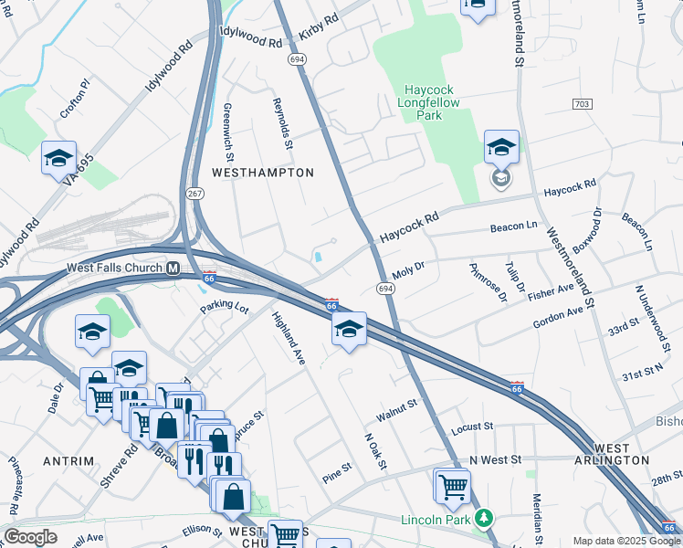 map of restaurants, bars, coffee shops, grocery stores, and more near 2226 Westwood Place in Falls Church