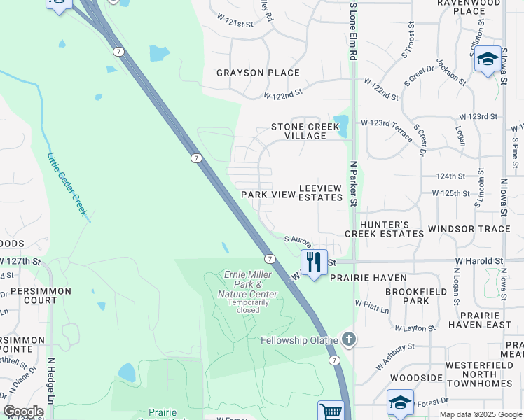 map of restaurants, bars, coffee shops, grocery stores, and more near 12523 Chelsea Street in Olathe