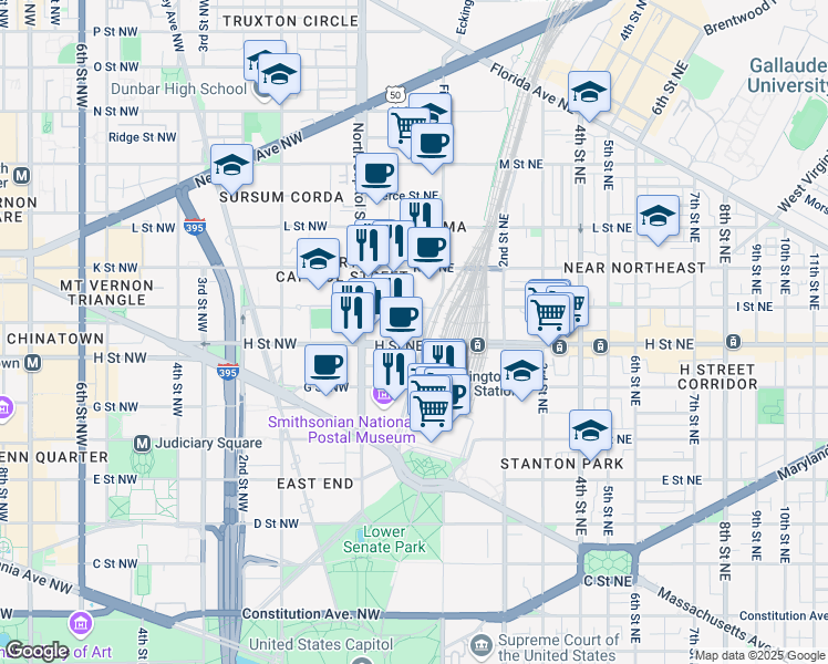 map of restaurants, bars, coffee shops, grocery stores, and more near 810 First Street Northeast in Washington